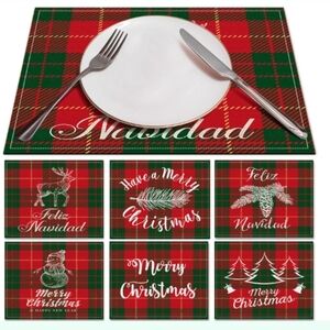 HAKACC 6pc Buffalo Plaid Placemat Set 6 Designs Merry Christmas & Feliz Navidad